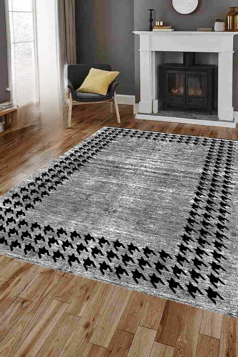 Minimalist Gray Rug with black design | Bamboo Collection | 8089