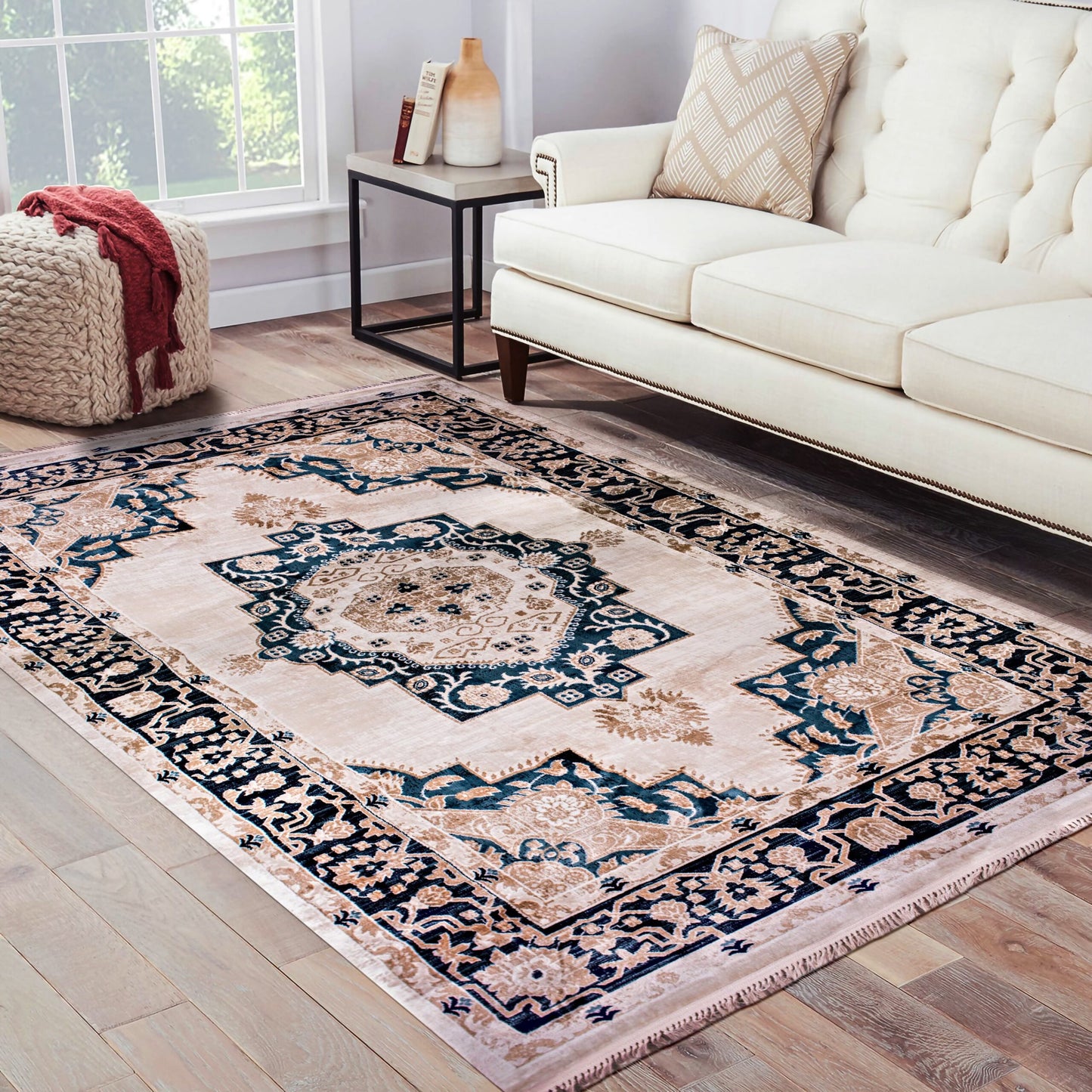 Kazak Design Rug Central Design Beige & Navy Color