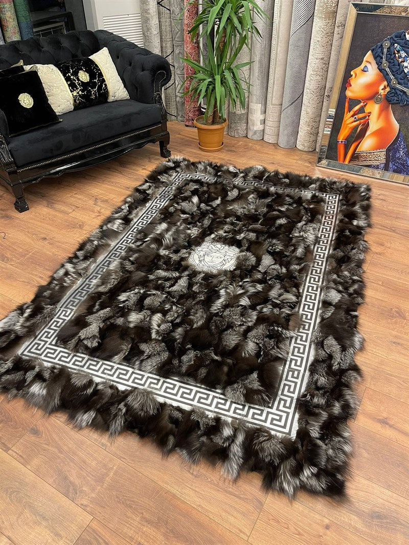 Versace Frame Design Premium Leather Luxury Rug | Gray-01